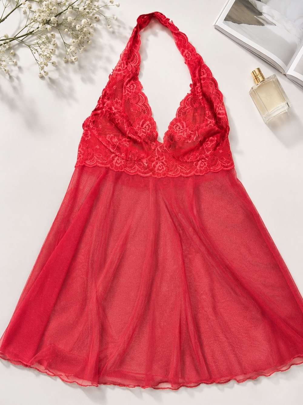 Victoria’s Secret Red Lace Halter Babydoll Lingerie Sheer Mesh Chemise Size S